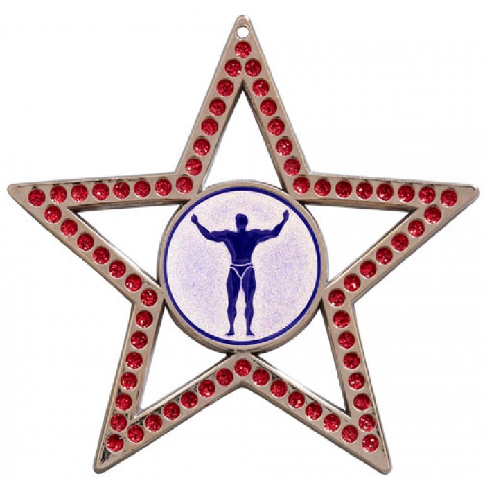 75MM STAR MEDAL - BODYBUILDING - RED- SILVER
